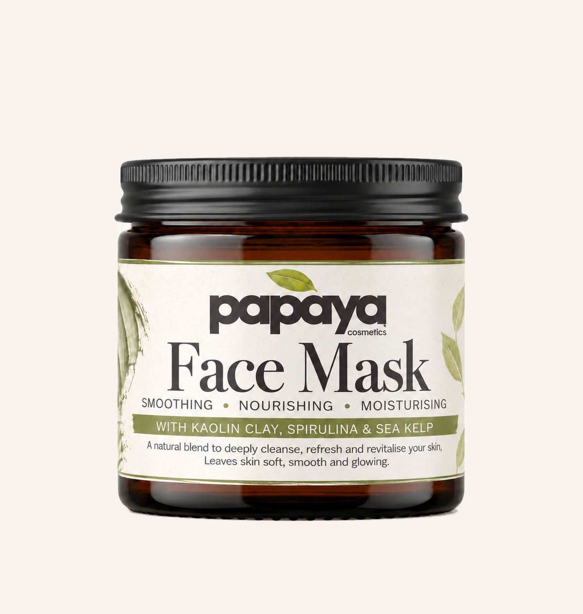 Papaya Cosmetics Face Mask 60 ml amber jar, front view showing the kaolin, spirulina and sea kelp label